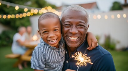 An authentic, heartwarming portrait of an intergenerational family bond, as an elderly man and a young boy share a magical moment with a sparkler during a festive evening gathering.