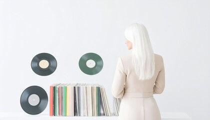 Woman Browsing Vinyl Records in a Retro Record Shop with Light Beige Jacket and White Background