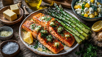 Baked salmon fillets with green asparagus on a rustic plate. Delicious homemade dinner for a healthy meal.