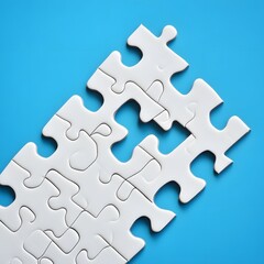 White Jigsaw Puzzle Pieces on Blue Background Missing One Piece