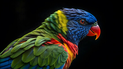 Fototapeta premium Closeup portrait of a vibrant rainbow lorikeet against a black background