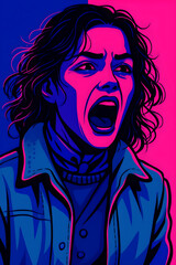 person screaming against bold split background pop art style