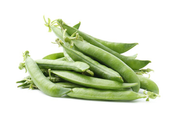Pile of fresh green pea pods isolated on white