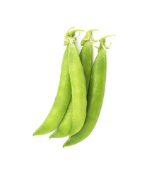 Fresh green pea pods isolated on white, top view