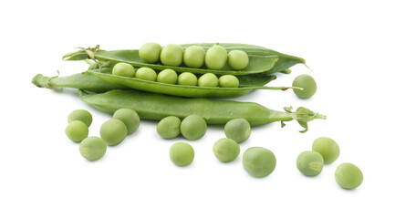 Fresh green peas in pods isolated on white