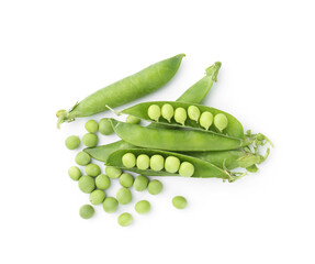 Fresh green peas in pods isolated on white, top view