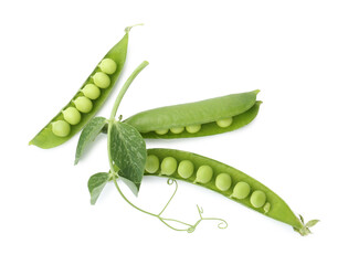 Fresh green peas in pods isolated and sprout on white, top view