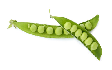 Fresh green peas in pods isolated on white, top view