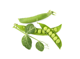 Fresh green peas in pods isolated and sprout on white, top view