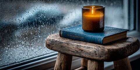 Warm candlelight and literature create a cozy, introspective atmosphere by a rainy window, ideal for relaxation, mindfulness, and home comfort marketing