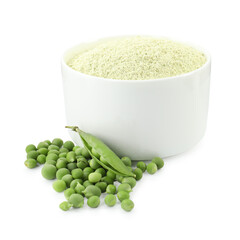 Protein powder in bowl and green peas isolated on white