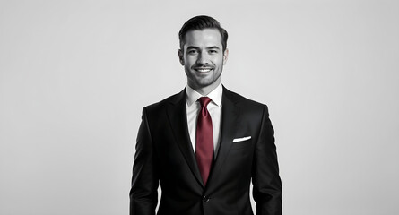 Suave Professional Portrait: A confident businessman exudes sophistication, captured in a timeless black-and-white headshot that reflects his success and leadership. 