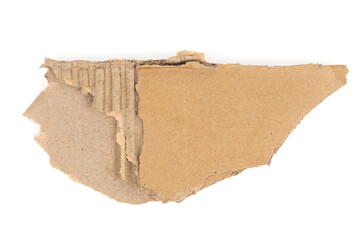 Ripped cardboard paper scraps. Piece of torn cardboard isolated on white background. damaged carton...