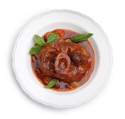 Traditional ossobuco dish with beef steak, sauce and basil isolated on white, top view