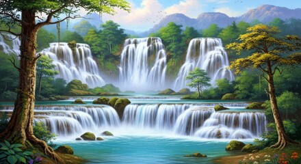 Breathtaking cascading waterfalls flow through a lush vibrant jungle