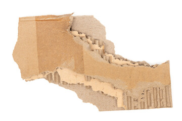 Ripped cardboard paper scraps. Piece of torn cardboard isolated on white background. damaged carton top view. Kraft paper. clipping path.