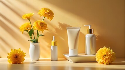 Elegant cosmetic packaging with natural light shines upon a set of beauty products next to vibrant yellow flowers on a bright yellow background.