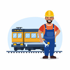 Fototapeta premium 3D cartoon construction worker in uniform holding tools and wrench