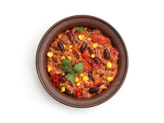 Tasty chili con carne in bowl isolated on white, top view