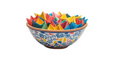 Colorful Origami Boats in Floral Patterned Ceramic Bowl  png transparent background 