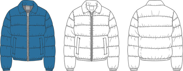 Vector fashion cad drawing of puffer jacket, front back technical sketch, winter coat flat sketch, apparel design template illustration