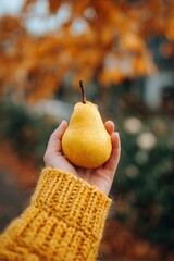 Hand in mustard yellow knitted sweater holding ripe speckled pear outdoors with blurred autumn background, symbolizing seasonal harvest, healthy eating, and cozy fall lifestyle