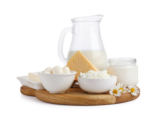Different fresh dairy products and chamomile flowers isolated on white