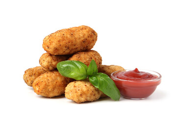 Tasty fried croquettes, basil and sauce isolated on white