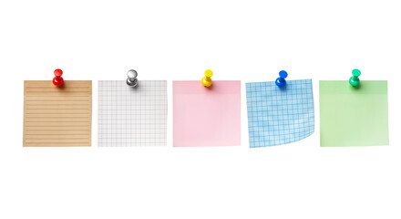 Texture of colorful memos pinned to the wall with thumbtacks

