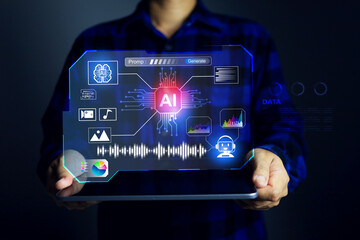 ai genetics concept with businessman using tablet computer to command artificial intelligence as...