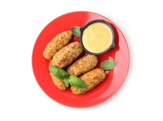 Tasty fried croquettes, basil and sauce isolated on white, top view