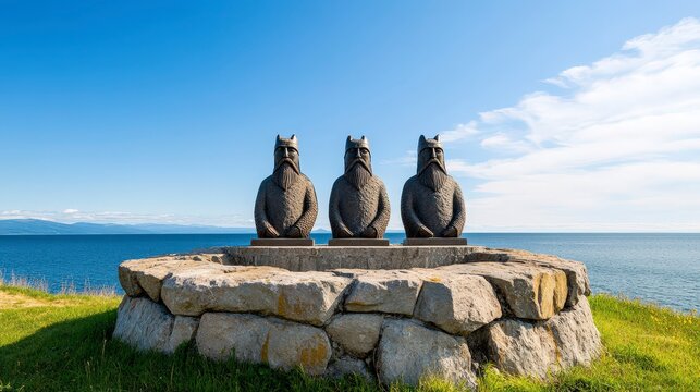 Memorial Site Dedicated to Leif Erikson with Scenic Ocean View and Stone Sculpture at Sunny Day