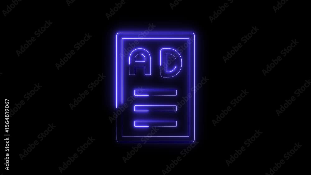 Poster neon advertising illustration with glowing effect and text on dark background loop