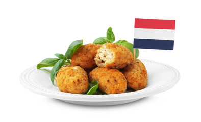 Tasty fried croquettes, flag of Netherlands and basil isolated on white
