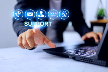 technical support concept with a man pointing on customer service information icon or after sale...