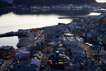 Evening view of the port city of Aalesund, Norway. Seen from the Aksla viewpoint.