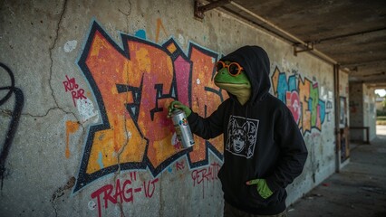 Frog Spraying Graffiti on Wall