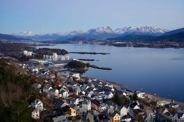 Evening view of the port city of Aalesund, Norway. Seen from the Aksla viewpoint.