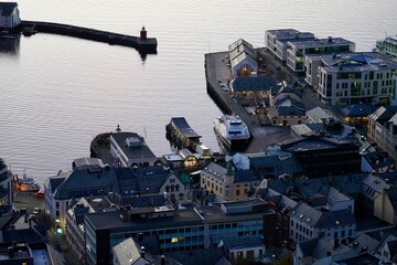 Evening view of the port city of Aalesund, Norway. Seen from the Aksla viewpoint.