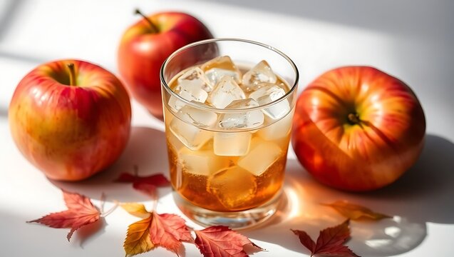 Refreshing apple cider drink with ice and autumn leaves on white background - Powered by Adobe