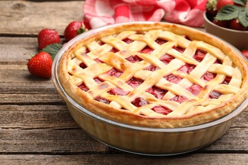 Tasty strawberry pie and berries on wooden table, closeup