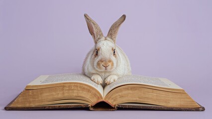 Rabbit Sitting on Open Book Looking Curious