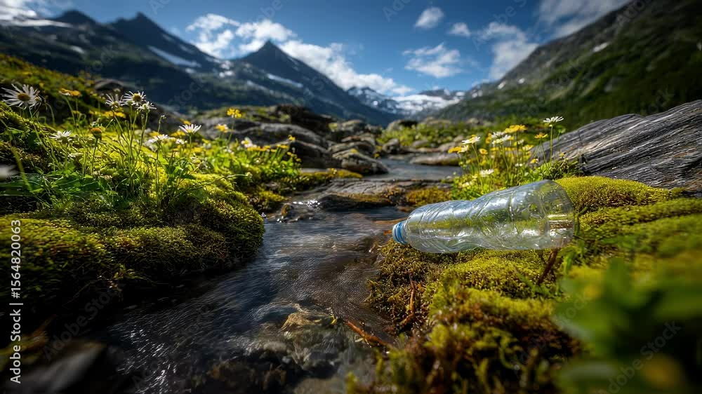 Poster in a tranquil mountain setting a lowangle view focuses on a plastic water bottle partially submerged