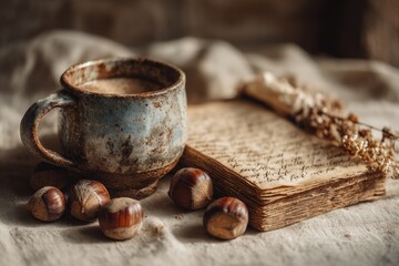 Cozy rustic lifestyle still life with vintage mug, handwritten journal, dried botanicals, and hazelnuts for autumn nostalgia or slow living inspiration