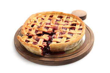 Tasty cut cherry pie isolated on white