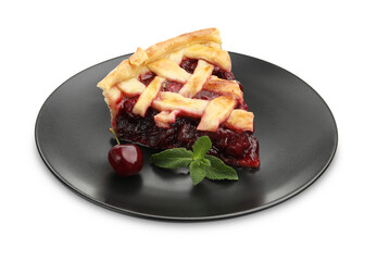 Piece of tasty cherry pie isolated on white