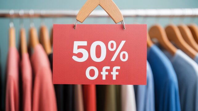 Close-Up View of a Hanging 50% Off Sale Sign Over a Rack of Colorful Clothing in a Retail Store