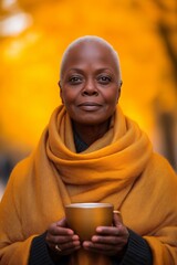 Senior African-American woman with gray hair and yellow scarf holding mug, symbolizing warmth, comfort, and positive aging in vibrant lifestyle context