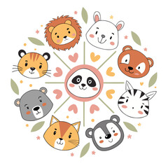 Naklejka premium Cute animal faces circle design cartoon