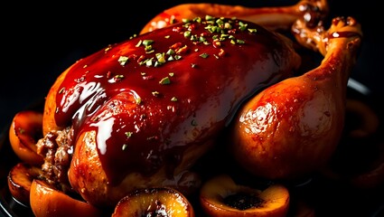 Glistening roasted chicken with glazed peaches and savory herbs